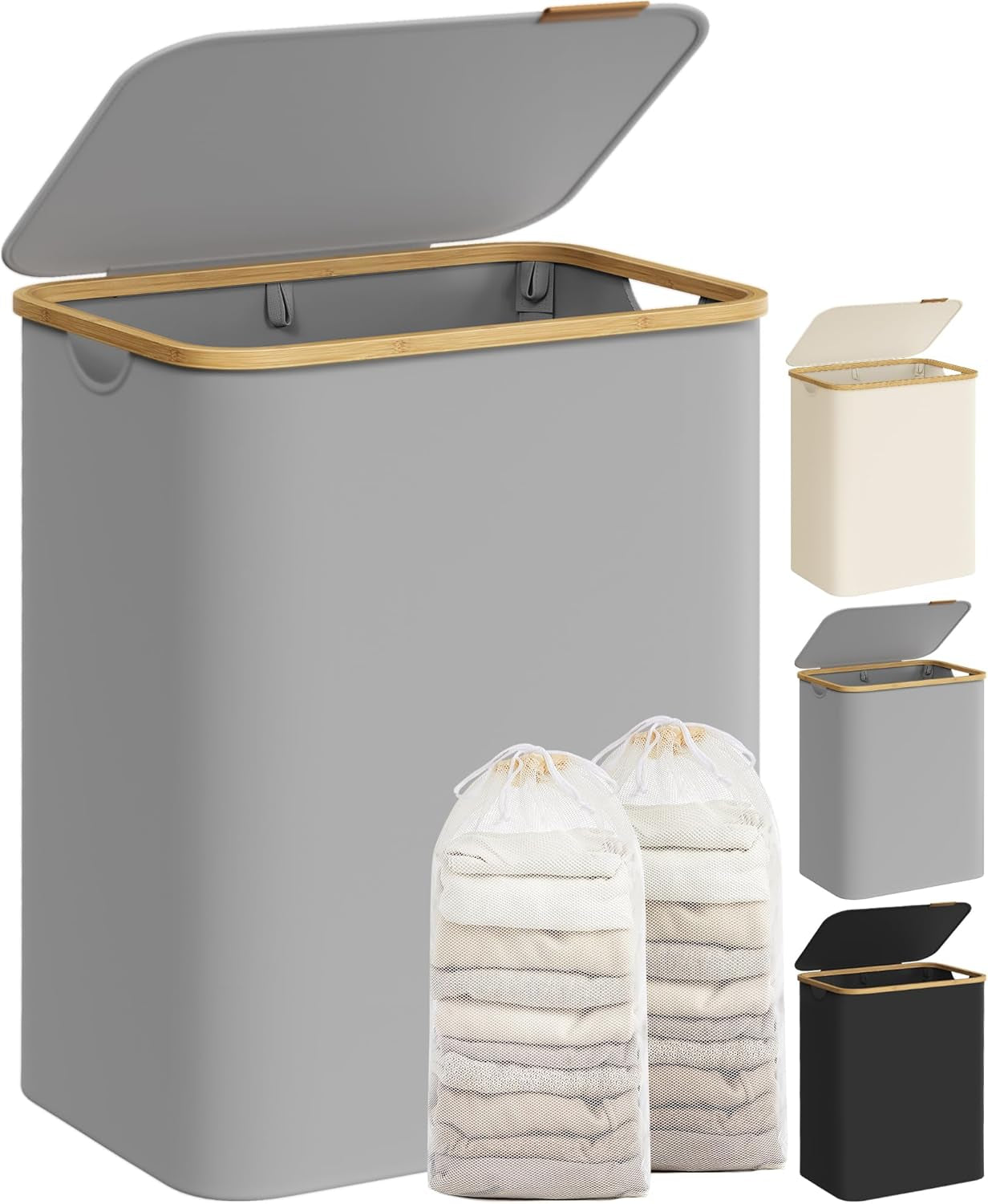 Laundry Hamper with Lid, Large Laundry Basket, 23.8 Gallons (90L), Removable Mesh Liner, Bamboo Handles, Collapsible, 16.5 X 12.6 X 27.8 Inches, Ink Black ULCB509B01