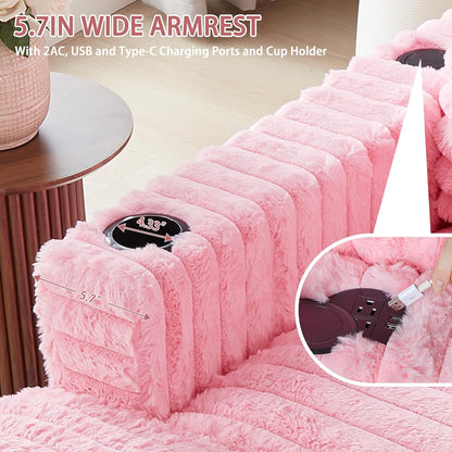 58'' Oversized Chaise Lounge Chair Indoor, Plush Faux Rabbit Fur Sleeper Sofa Bed with 4 Pillows, Charging Station & Cup Holders, Fluffy Comfy Cloud Couch Loveseat Sofa for Living Room,Pink