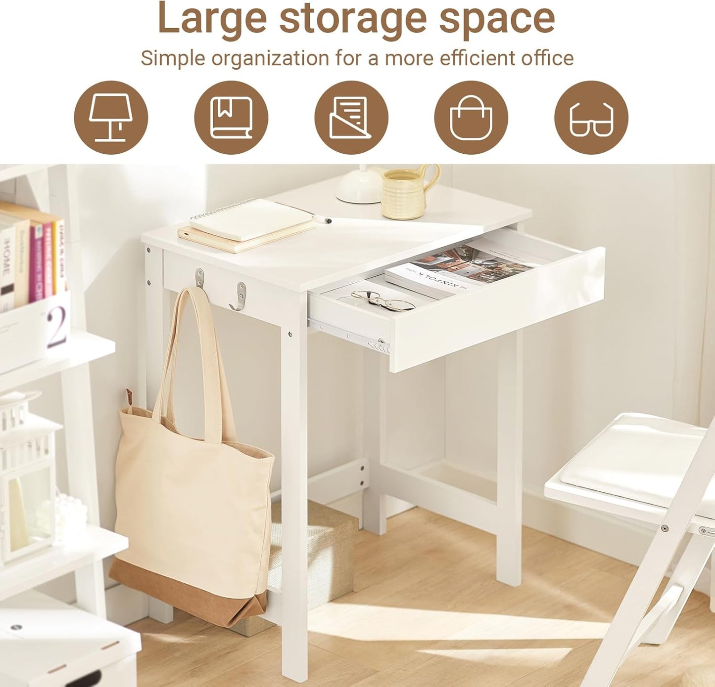 White Small Desk with Drawers, Mini Table Computer Writing Workstation Children Teenagers Desk with Drawer and Hooks, White FWT43-W