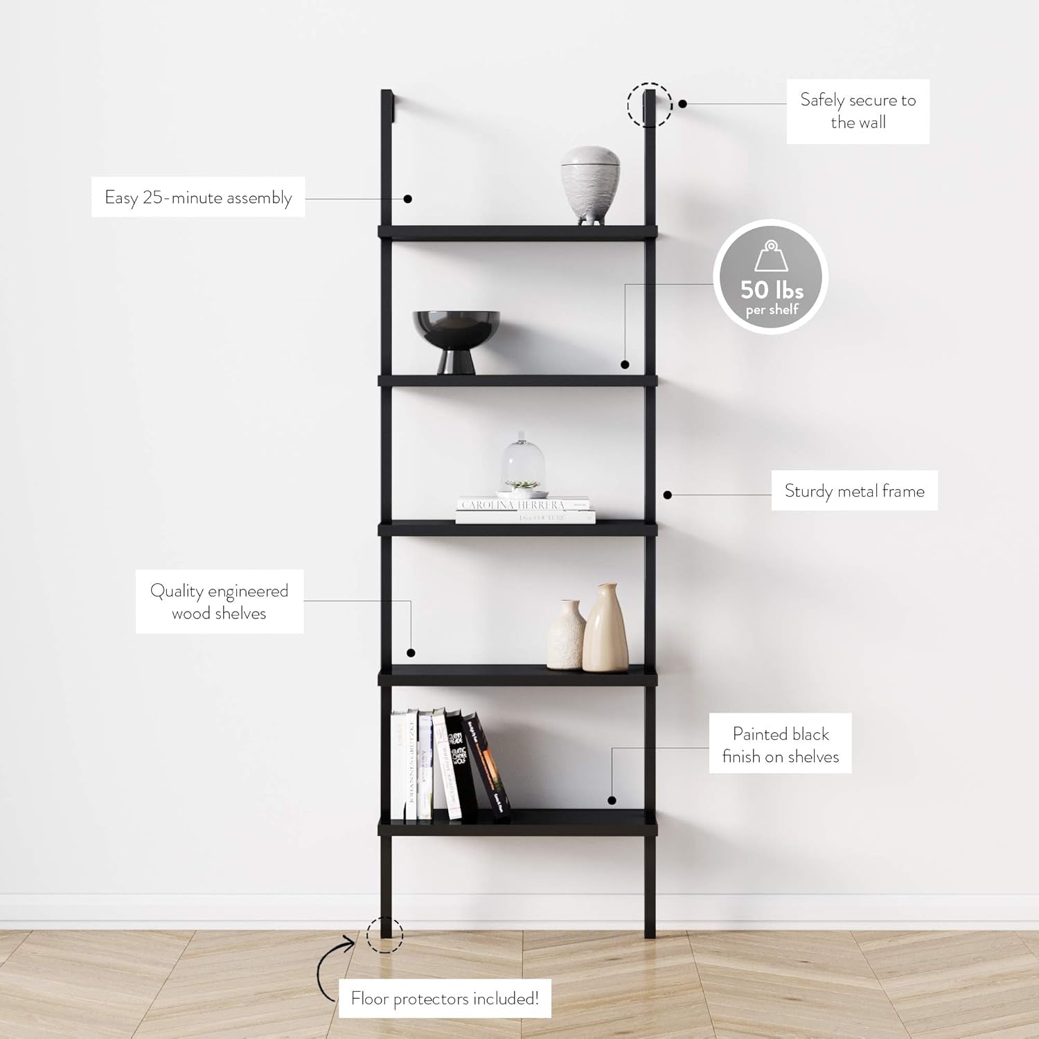 Theo 5-Shelf Black Modern Bookcase, Open Wall Mount Ladder Bookshelf with Industrial Metal Frame