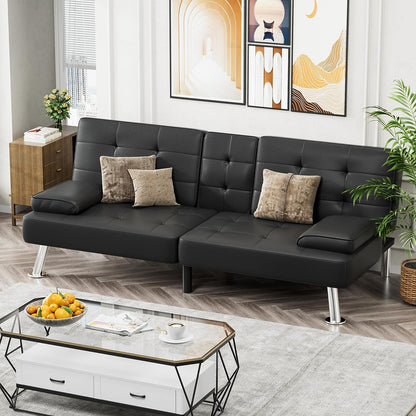 Faux Leather Futon Sofa Bed Futon Couch with Removable Armrests Adjustable Sleeper Sofa Bed with 2 Cup Holders for Living Room (PU Leather, Black)