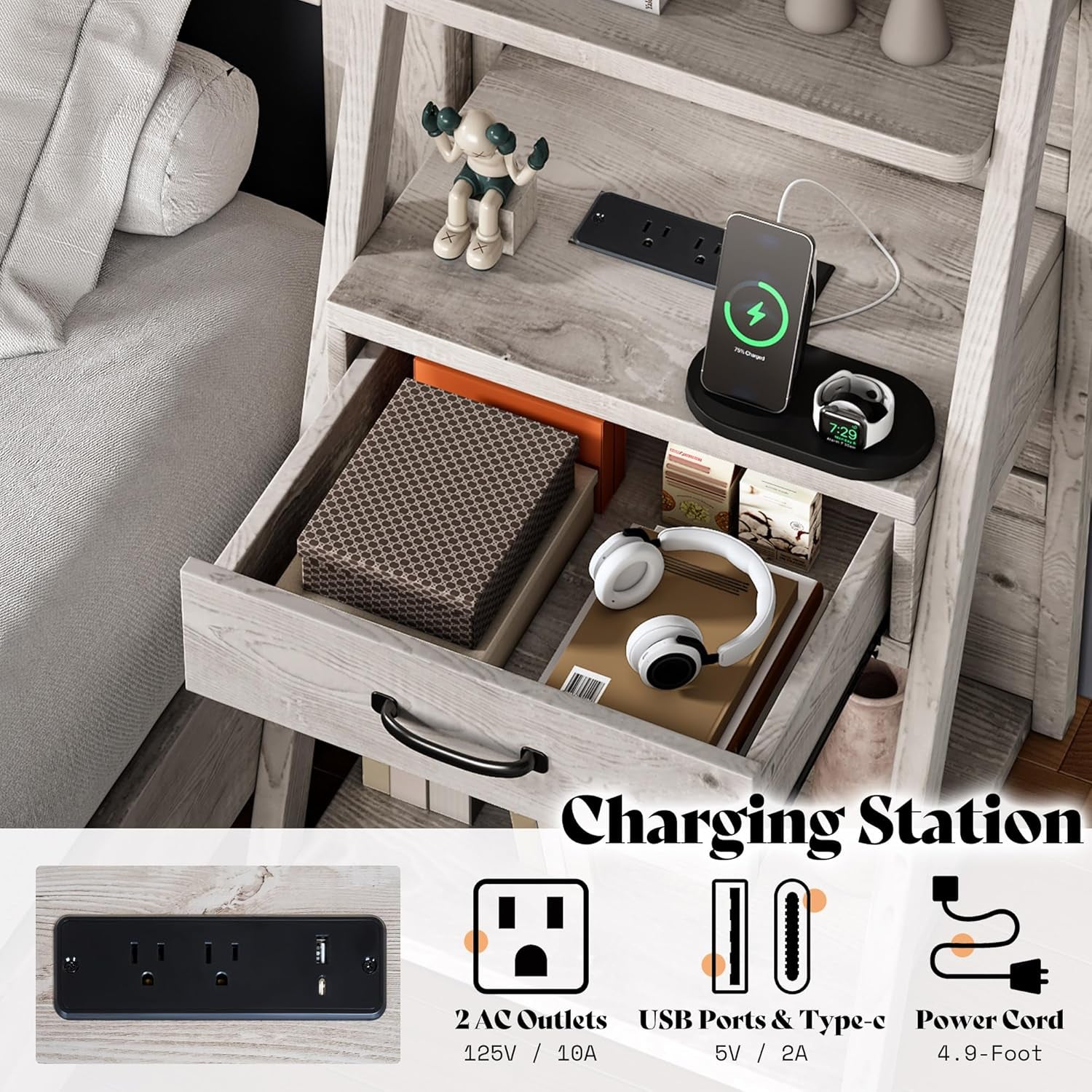 Queen Bed Frame with Bookcase Headboard & 4-Tier Bedside Shelf, Farmhouse Platform Bed with Charging Station and 2 Drawers, Noise-Free, No Box Spring Needed, Rustic White