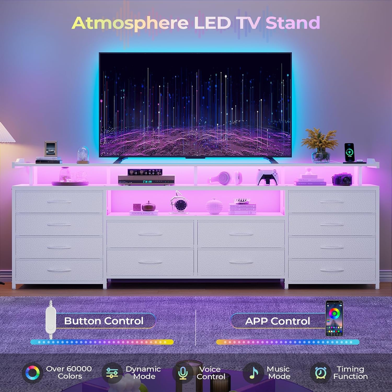 TV Stand Dresser for 65 Inch TV, 63" W Dresser with LED Lights & Charging Station, White Long Dresser with 12 Fabric Drawers, Entertainment Center with Shelves,For Living Room