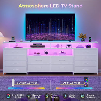 TV Stand Dresser for 65 Inch TV, 63" W Dresser with LED Lights & Charging Station, White Long Dresser with 12 Fabric Drawers, Entertainment Center with Shelves,For Living Room