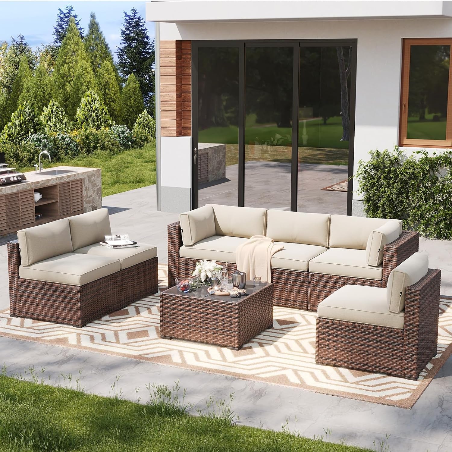 7 Piece Outdoor Patio Furniture Set with Coffee Table, Outdoor Patio Furniture Sets with Thicken Cushion, Wicker Rattan Outdoor Conversation Set for Backyard & Garden, Beige