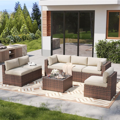 7 Piece Outdoor Patio Furniture Set with Coffee Table, Outdoor Patio Furniture Sets with Thicken Cushion, Wicker Rattan Outdoor Conversation Set for Backyard & Garden, Beige