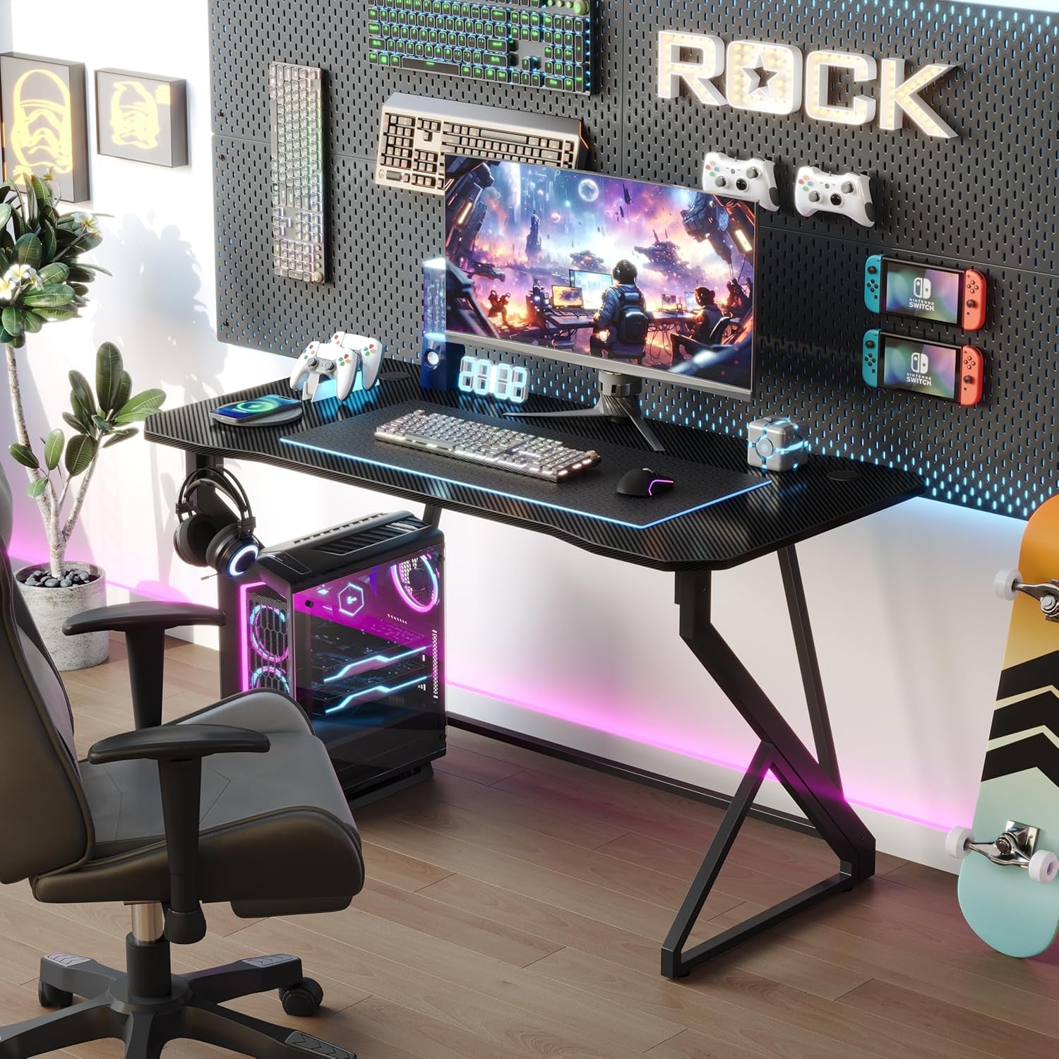 Gaming Desk Z Shaped 40 Inch Gamer Workstation, Home Computer Carbon Fiber Surface Gaming Desk PC Table with Headphone Hook, Carbon Fiber Black