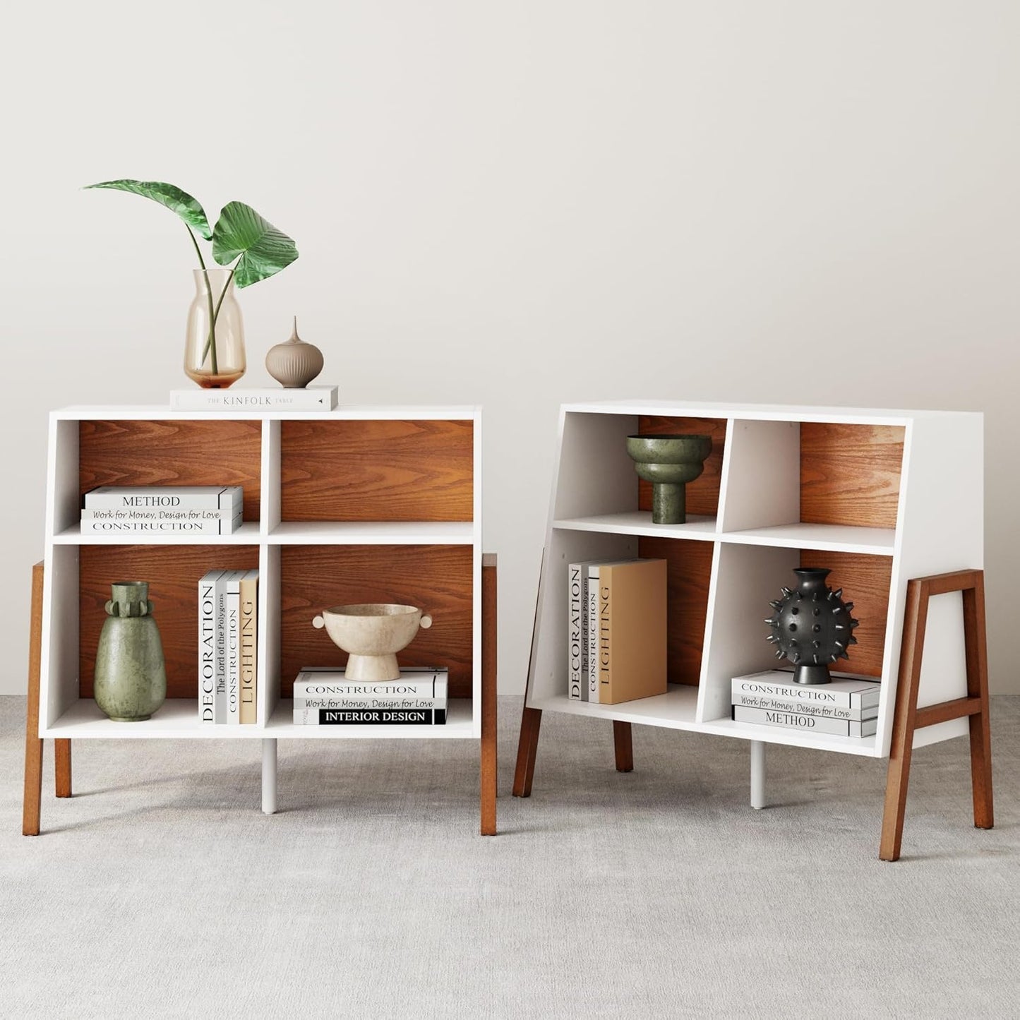 Telos 4-Cube White TV Stand with Open Cubby Shelf with Angled Design, Brown/Glossy White, Set of 2