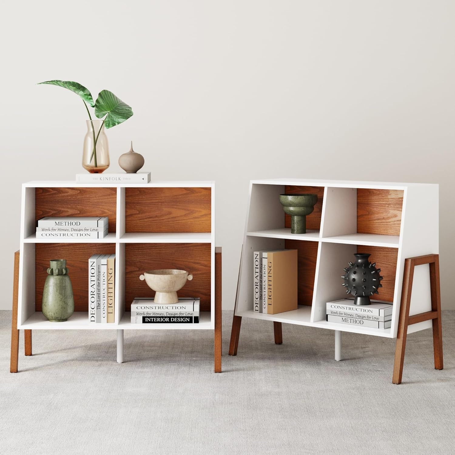 Telos 4-Cube White TV Stand with Open Cubby Shelf with Angled Design, Brown/Glossy White, Set of 2