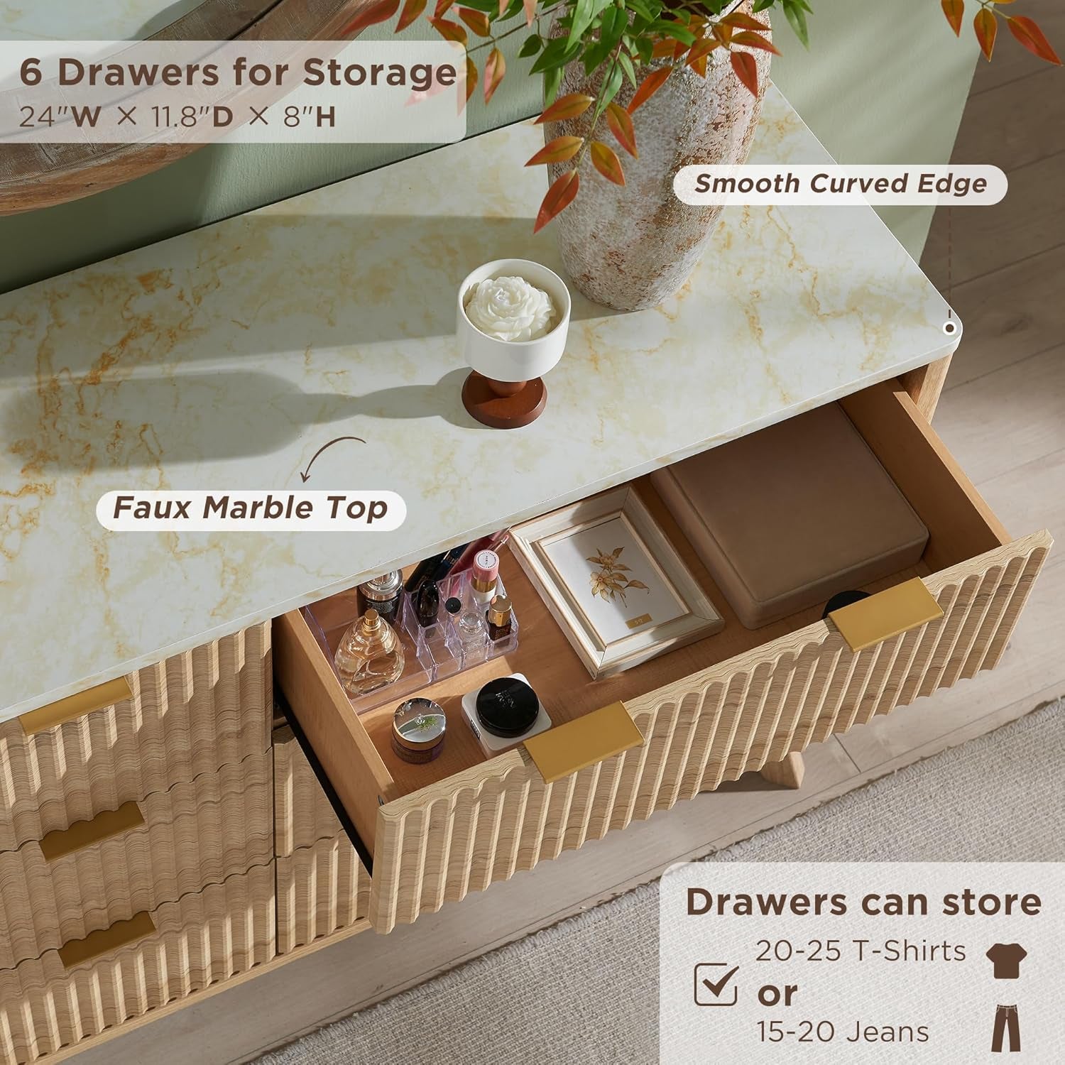 Fluted 6 Drawers Dresser, 54" Wide Modern Chest of Drawers with Faux Marble Top, Curved Profile Design, Dresser TV Stand, Wood Drawer Organizer for Bedroom, Living Room, Hallway, Natural Oak