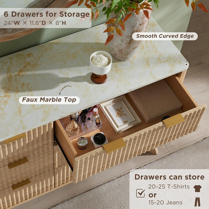 Fluted 6 Drawers Dresser, 54" Wide Modern Chest of Drawers with Faux Marble Top, Curved Profile Design, Dresser TV Stand, Wood Drawer Organizer for Bedroom, Living Room, Hallway, Natural Oak