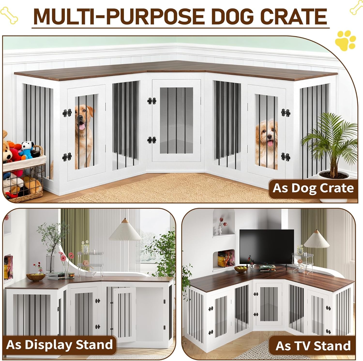 Large Dog Crate Furniture for 3 Dogs, 113'' Corner Dog Crate with Divider, 3 in 1 Heavy Duty Indoor Wooden Dog Kennel Furniture for Small Medium Large Dogs, White
