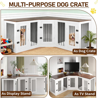 Large Dog Crate Furniture for 3 Dogs, 113'' Corner Dog Crate with Divider, 3 in 1 Heavy Duty Indoor Wooden Dog Kennel Furniture for Small Medium Large Dogs, White