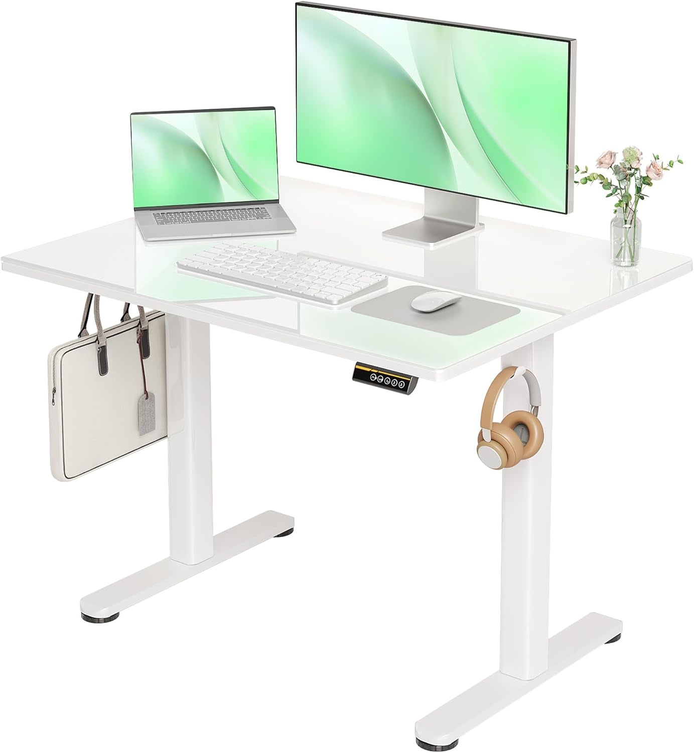Glass Standing Desk, 40X24 Inch Small White Stand up Desk Electric Adjustable Height Quick Install Computer Desk for Home Office, Super White