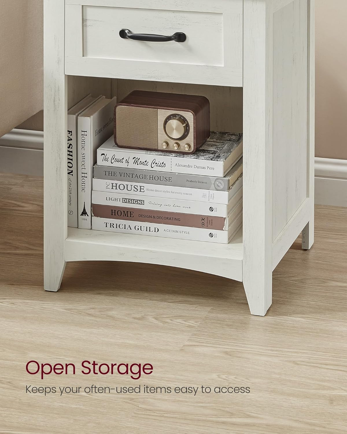 LIRY Collection - Farmhouse Nightstand with Charging Station, Bedside Table, Side Table with 2 Drawers, Open Compartment, for Bedroom, Misty Gray ULET669G01
