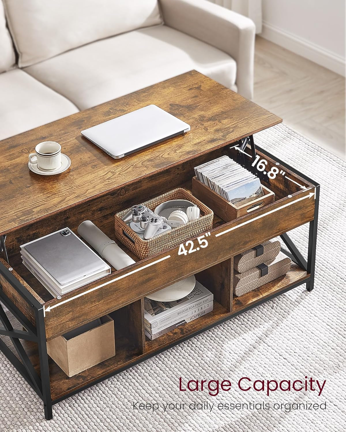 Lift Top Coffee Table, Lift Coffee Table with Storage Shelf, Hidden Compartments and Lifting Top, for Living Room, Office, 19.7 X 47.2 X (19.3-24.4) Inches, Rustic Brown and Black ULCT212B01