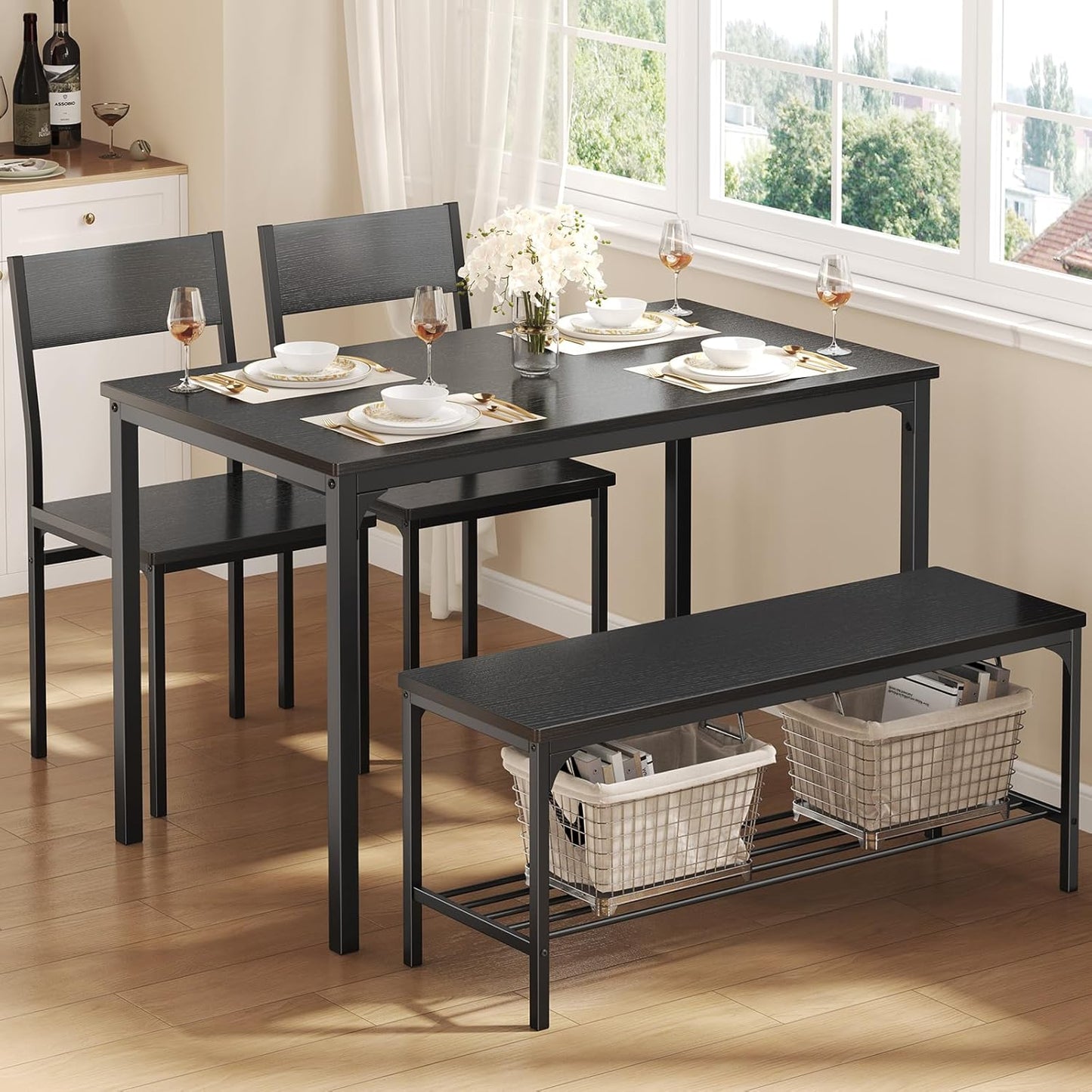 Dining Table Set, Dining Table for 4 with Bench, Kitchen Table, Space-Saving Ideal 4-Person Set for Dining Room Kitchen Apartment Corner Black 4 Pack