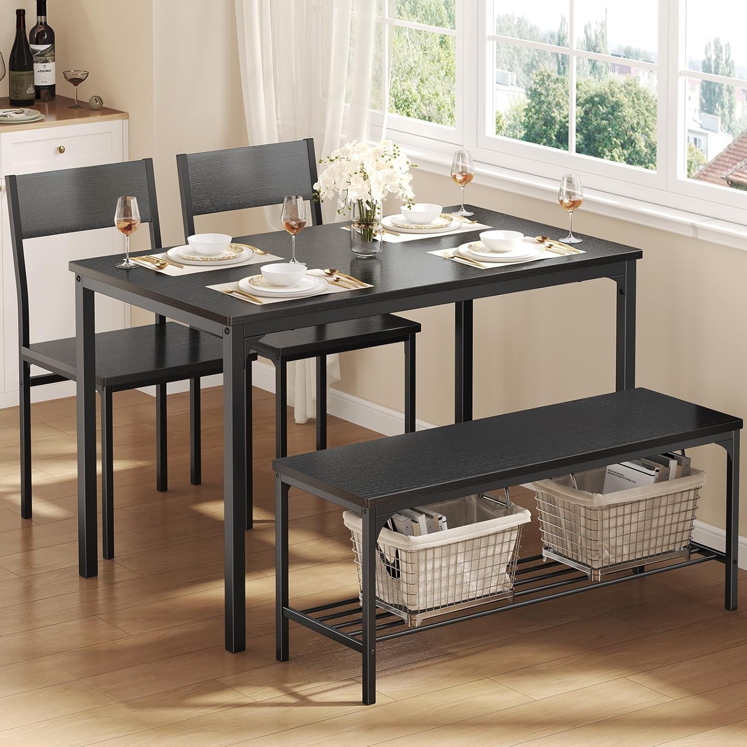 Dining Table Set, Dining Table for 4 with Bench, Kitchen Table, Space-Saving Ideal 4-Person Set for Dining Room Kitchen Apartment Corner Black 4 Pack