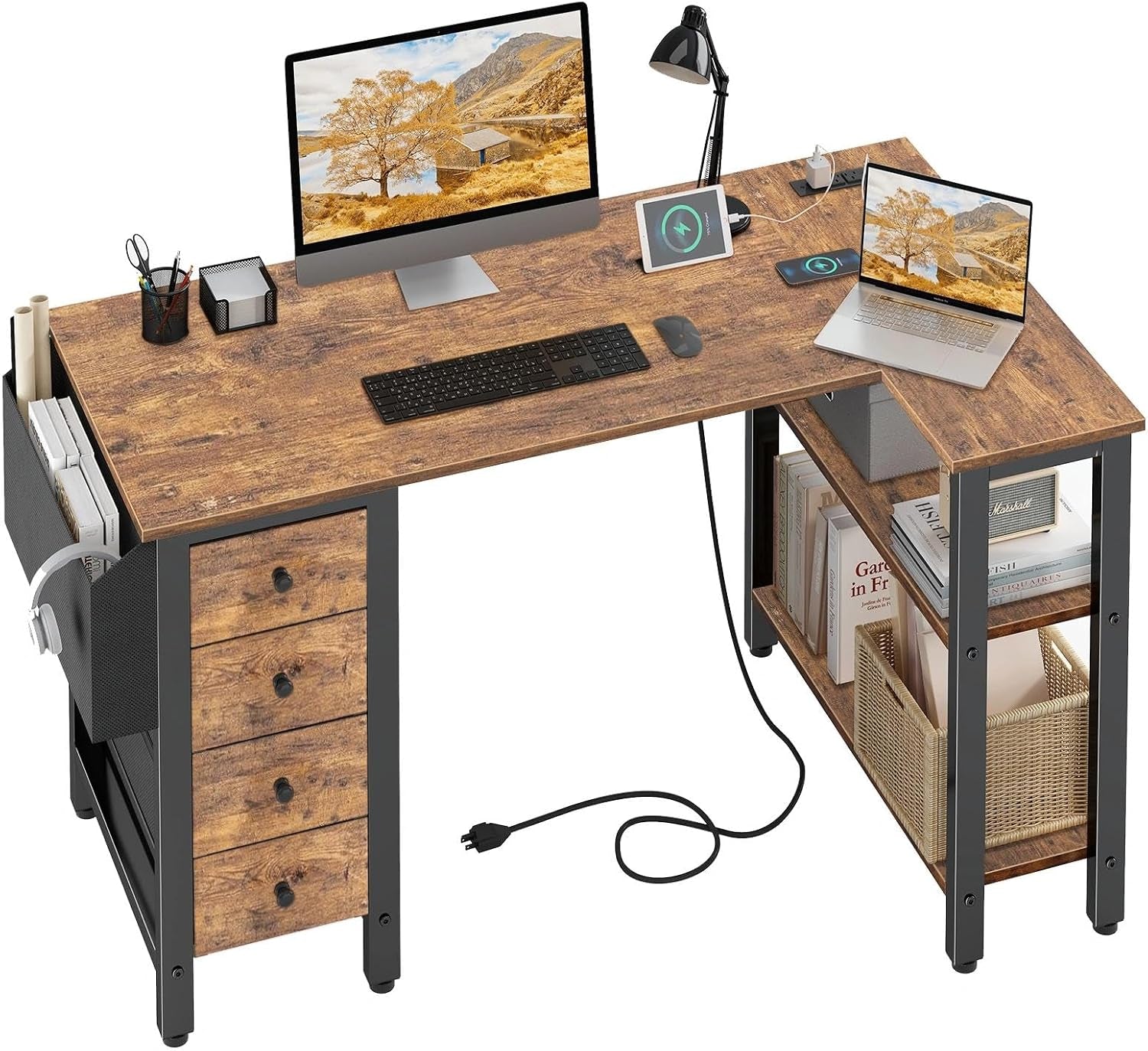 L Shaped Desk with Drawers & Storage Shelves, 47 Inch Small Reversible Corner Desk with Power Outlet for Home Office Bedroom, L-Shaped Gaming PC Computer Desks with Fabric Drawer, Rustic Brown