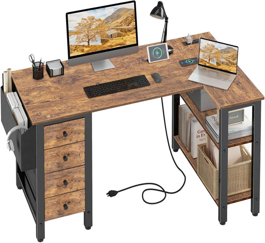 L Shaped Desk with Drawers & Storage Shelves, 47 Inch Small Reversible Corner Desk with Power Outlet for Home Office Bedroom, L-Shaped Gaming PC Computer Desks with Fabric Drawer, Rustic Brown