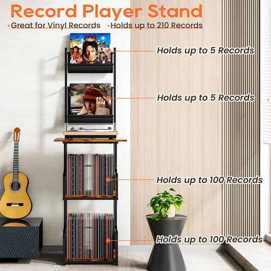 Record Player Stand with Vinyl Storage, Tall Record Player Table with Rack Turntable Stand and Record Holder Vinyl Display Shelf up to 210 Album, Corner Record Player Cabinet Organizer