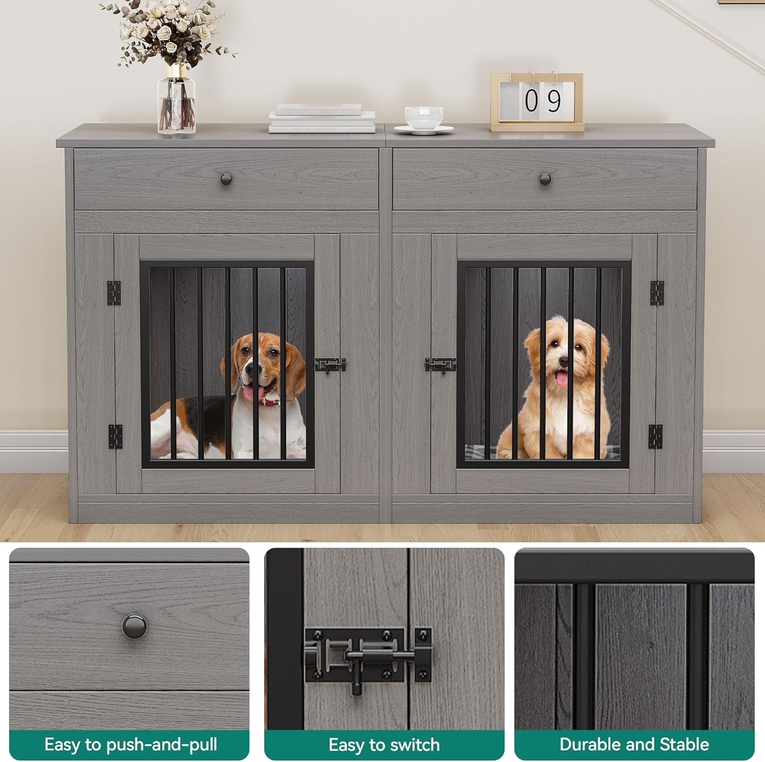 60" Wooden Dog Crate Furniture with Removable Divider & Storage Drawers, Double Door Kennel with Locks for Medium and Large Dogs, Multi-Functional Dog Crate End Table for Indoor Use, Grey