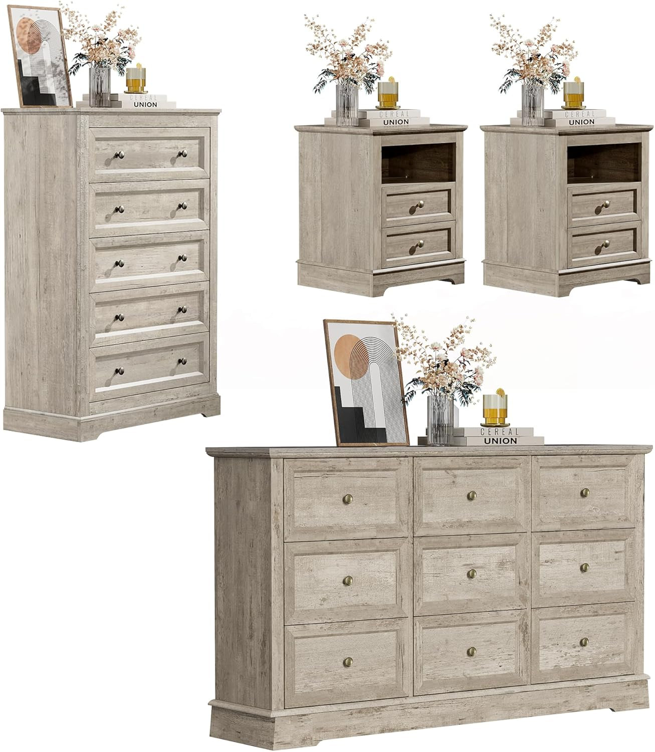 Dresser Bedroom Set of 4, 4 PCS Farmhouse Dressers Set, Included 53 Inch 9 Drawer Dresser, 5 Drawer Dresser and Nightstand Set of 2 with Charging Station,Bedroom Furniture Set (Gray)