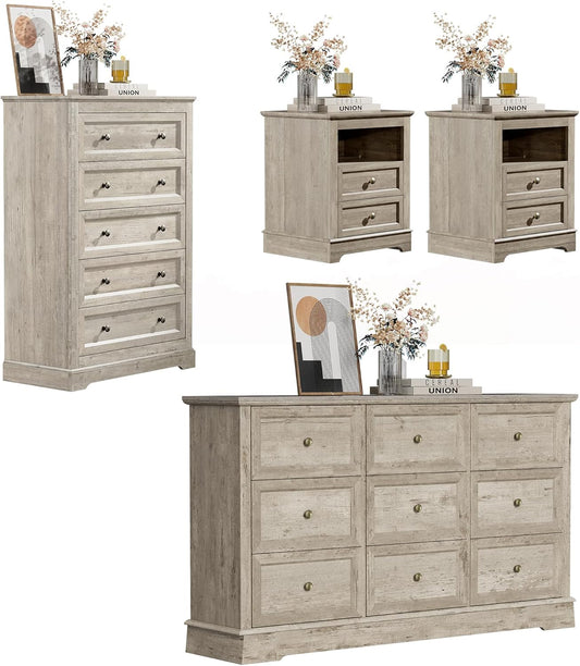 Dresser Bedroom Set of 4, 4 PCS Farmhouse Dressers Set, Included 53 Inch 9 Drawer Dresser, 5 Drawer Dresser and Nightstand Set of 2 with Charging Station,Bedroom Furniture Set (Gray)