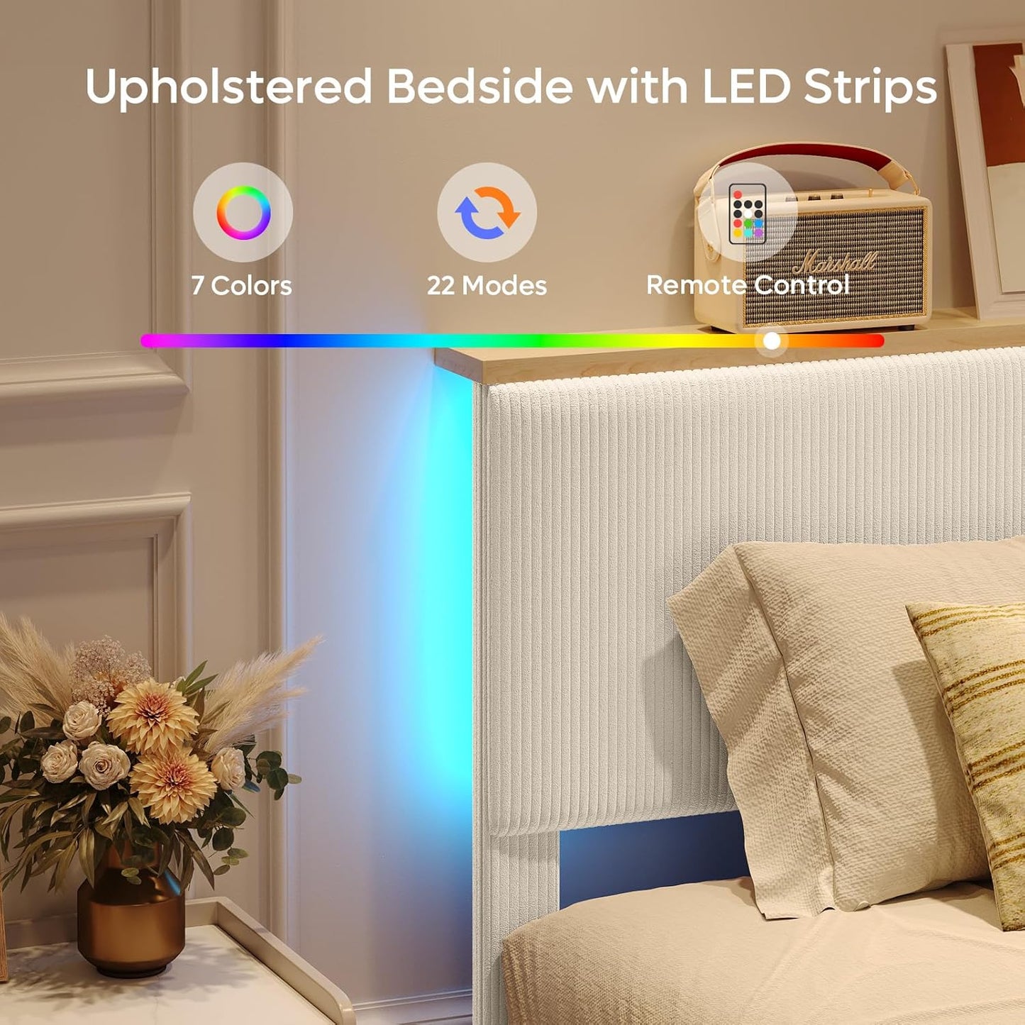 Queen Bed Frame with Adjustable Headboard & Ledlighting, Corduroy Upholstered Platform Bed Frame Withstorage Shelf, Solid Wood Slats, No Box Spring Needed,Never Squeak, Easy Assembly, Beige