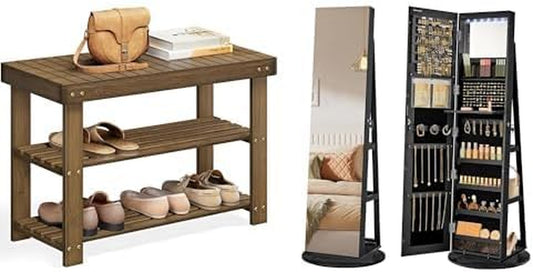 Shoe Rack Bench, 6 Leds Lockable Mirror Jewelry Cabinet, ULBS04WL and UJJC007B01
