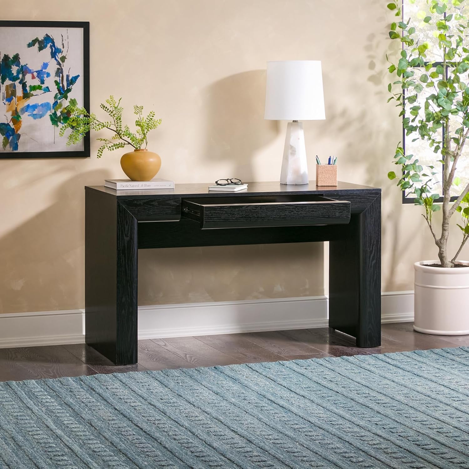 Amira Modern MDF Waterfall Writing Desk with a Built-In Storage Drawer, 52 Inch, Black