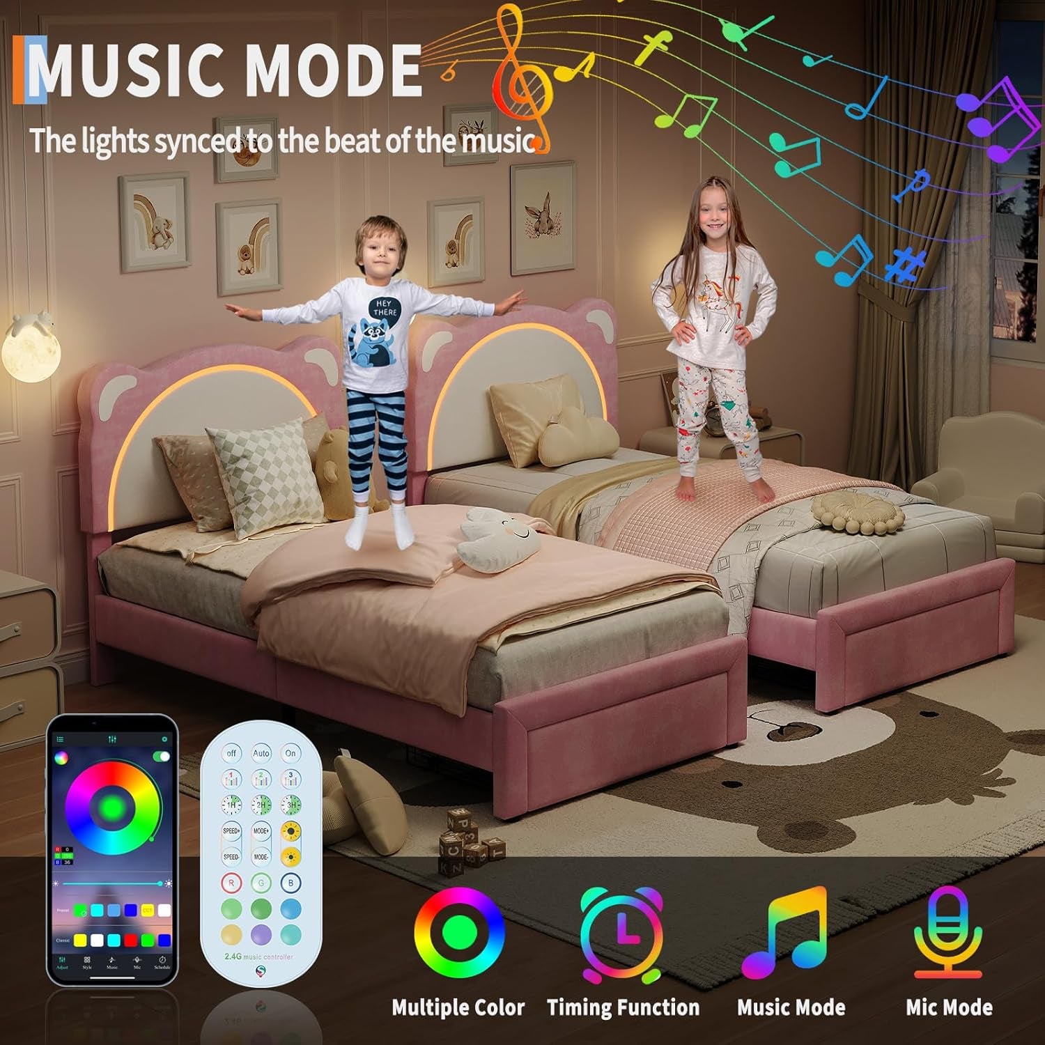 Twin Size LED Bed Frame with Storage Drawers,Adjustable Headboard with Cute Bear Design,Soft Velvet Fabric Bed Frame for Kids,Solid Wood Slat Support,Noise-Free,Easy Assembly,Pink