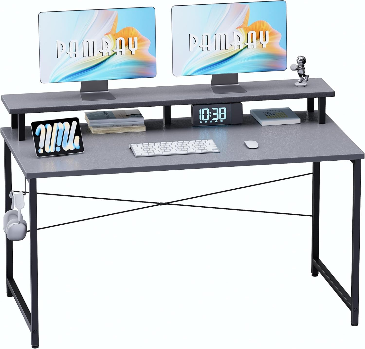 47 Inch Small Computer Desk with Monitor Stand, Simple Office Desk with Headphone Hook for Small Spaces, Kids Study Writing Table for Bedroom, Grey