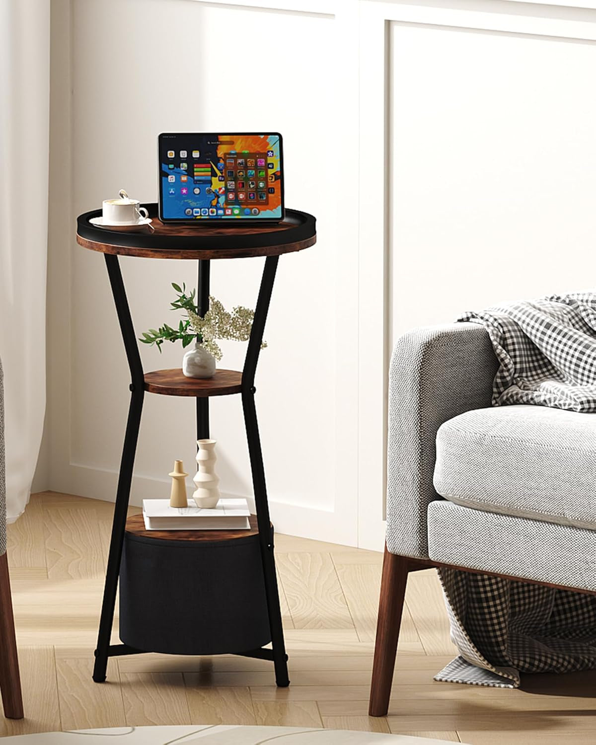 round Side Table, Small Drink Table for Small Spaces, 3-Tier Industrial End Table, Accent Nightstand Bedside Table for Living Room, Bedroom, Sofa Couch, Rustic Brown
