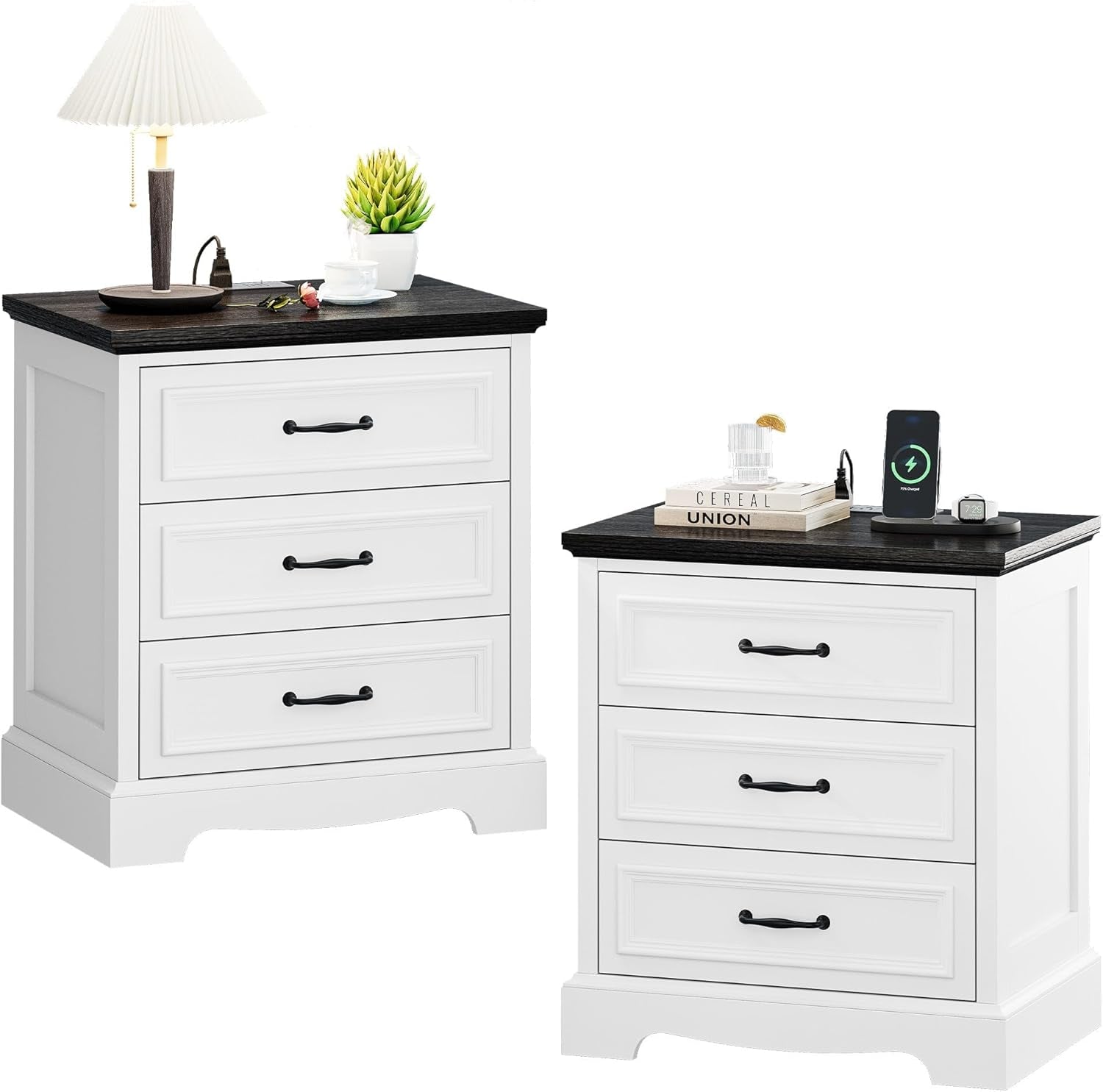 21.7W Farmhouse Nightstand Set of 2 with Charging Station,White End Table with 3 Drawers Storage,Wood Night Stand Side Table,Modern Bedside Cabinet for Bedroom Living Room,Dresser for Small Place (2)
