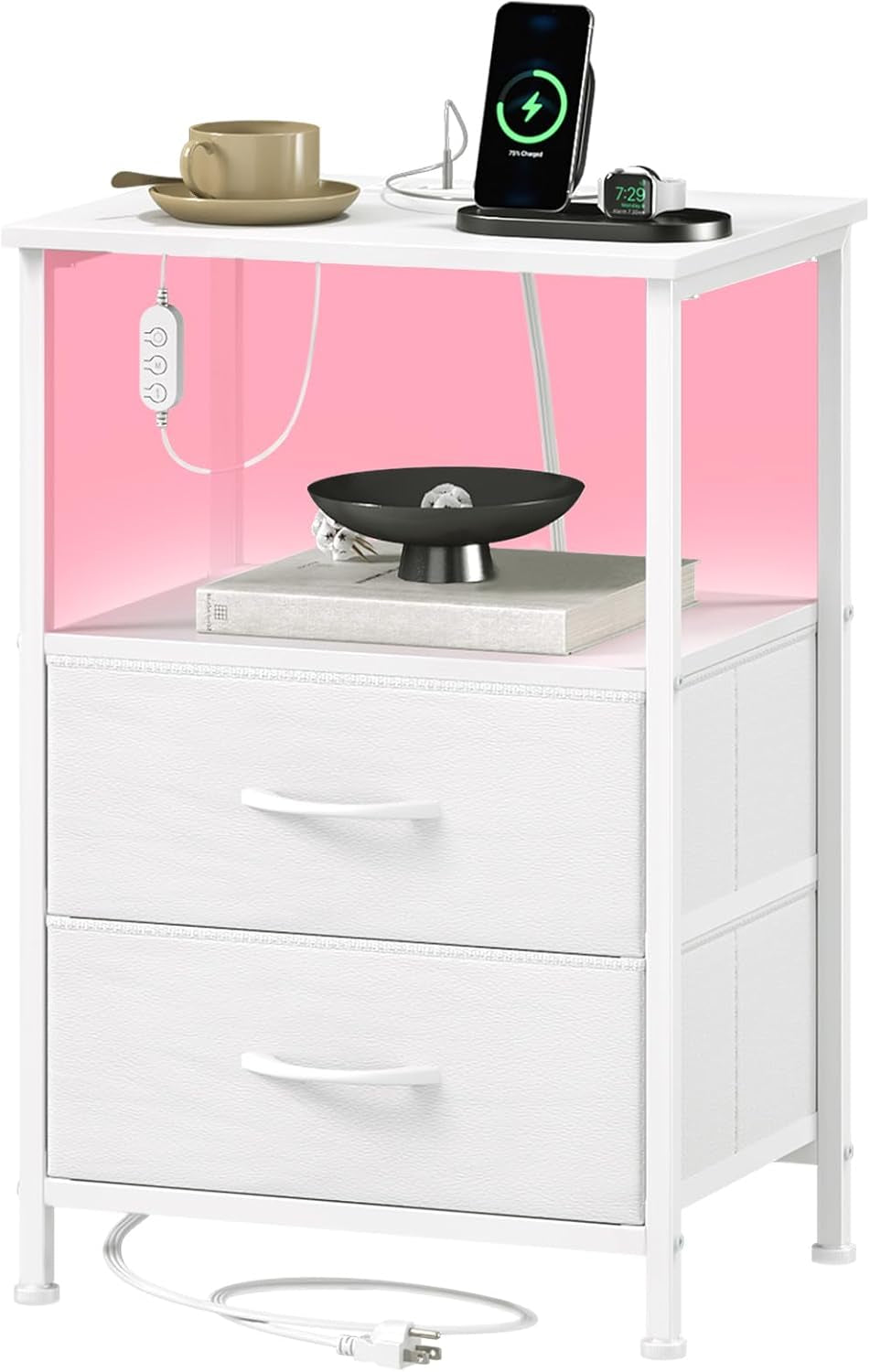 White Nightstand with Charging Station and LED Light for Bedroom, 2 Drawers Dresser with Fabric Bins for Bedside Kids Dorm Room Closet Laundry Entryway, White Leather