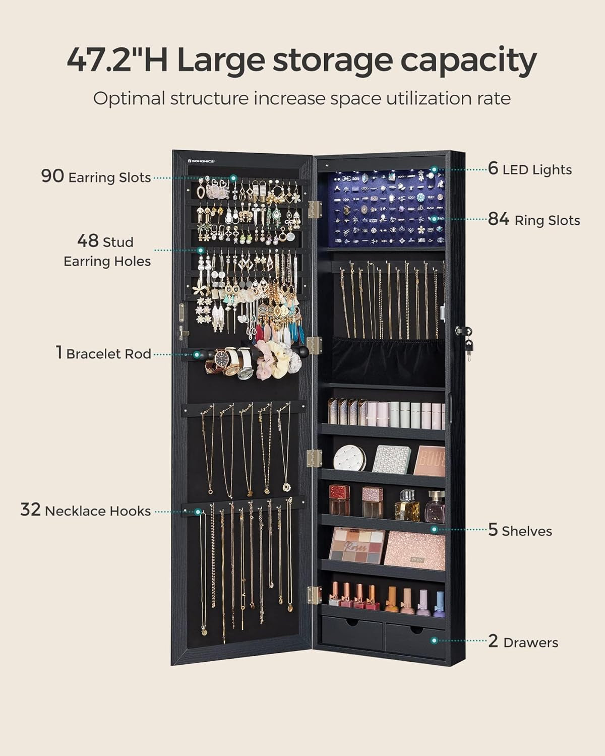 6 Leds Mirror Jewelry Cabinet, 47.2-Inch Tall Lockable Wall or Door Mounted Jewelry Armoire Organizer with Mirror, 2 Drawers, 3.9 X 14.6 X 47.2 Inches, Black UJJC093B01