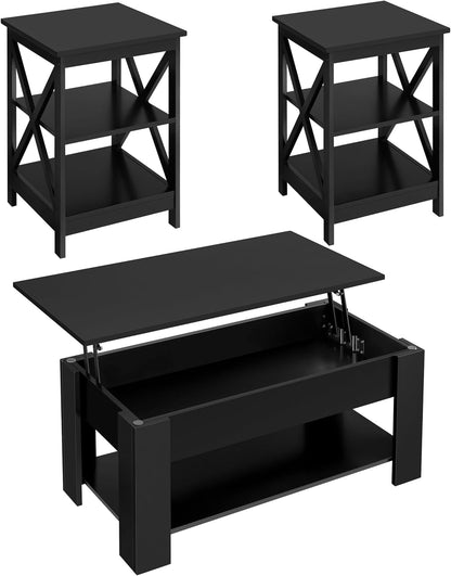 Modern Living Room 3 Pieces Table Sets, Lift Top Coffee Table and End Table Sets for Home and Office, Easy Assembly Accent Furniture with Hidden Compartment and Open Storage Shelf, Black