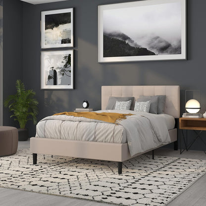 Bedford Box Stitch Tufted Upholstered Full Size Headboard in Beige Fabric