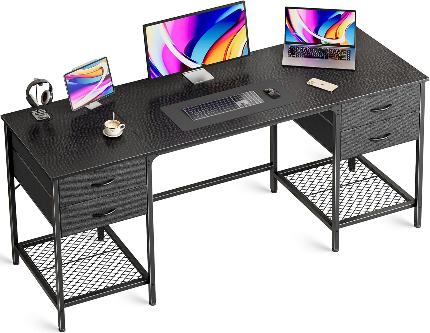 63 Inch Computer Desk with 4 Drawers, Mesh Shelf, Gaming, Large Storage, Writing Work Desk for Home, Study, Bedroom, Work from Home, Black