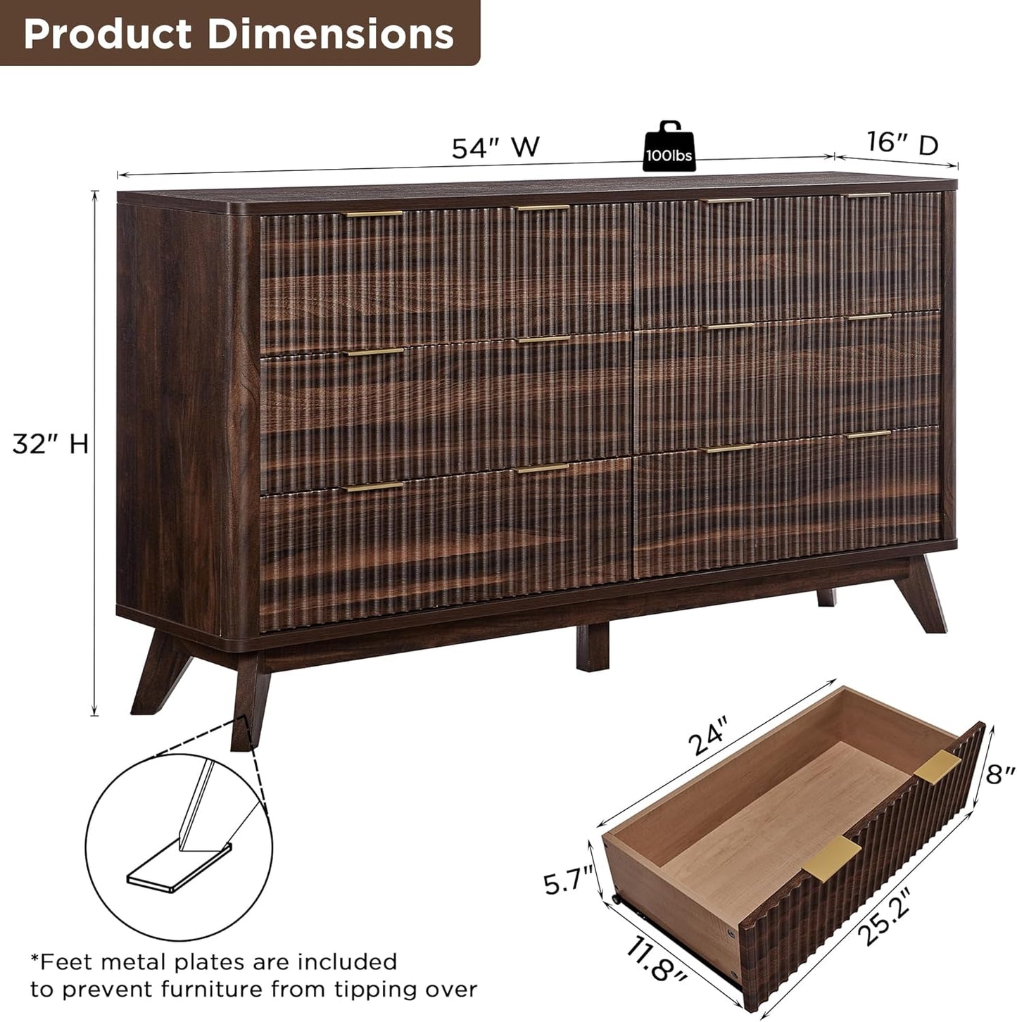 Fluted 6 Drawers Dresser, 54" Wide Modern Chest of Drawers, Curved Profile Design, Dresser TV Stand, Wood Drawer Organizer for Bedroom, Living Room, Hallway, Dark Walnut
