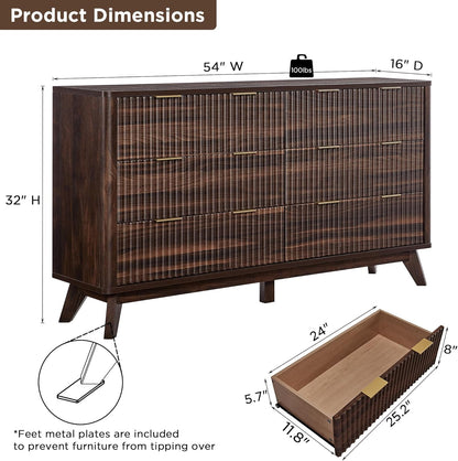 Fluted 6 Drawers Dresser, 54" Wide Modern Chest of Drawers, Curved Profile Design, Dresser TV Stand, Wood Drawer Organizer for Bedroom, Living Room, Hallway, Dark Walnut