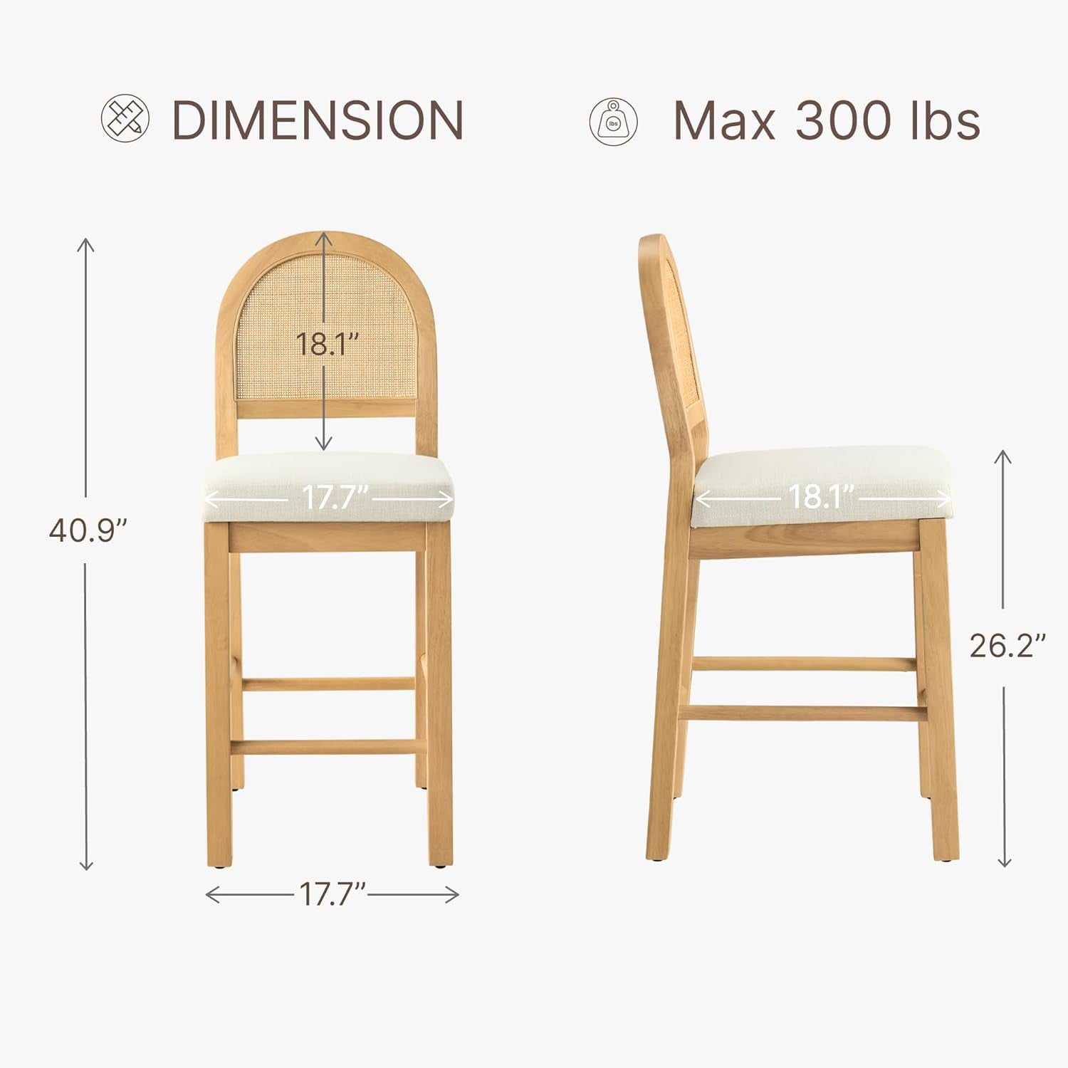 Rattan Counter Height Bar Stools Set of 3, Upholstered Farmhouse Barstools with Natural Rattan Back, Wooden Legs for Kitchen Island, Natural/Linen