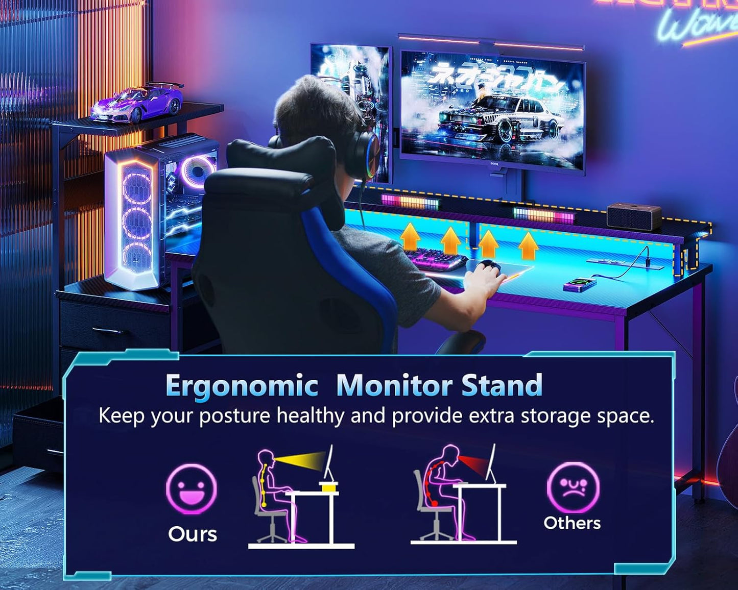 59 Inch Gaming Desk with USB Charging Ports & LED Light- Reversible Computer Desk with Storage Shelves & Monitor Stand, Modern Gamer Desk Table with Fabric Drawers & Side Hook, Carbon Fiber Black