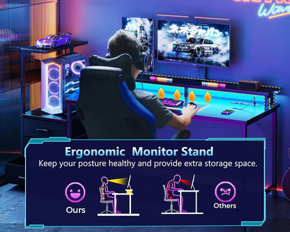 59 Inch Gaming Desk with USB Charging Ports & LED Light- Reversible Computer Desk with Storage Shelves & Monitor Stand, Modern Gamer Desk Table with Fabric Drawers & Side Hook, Carbon Fiber Black