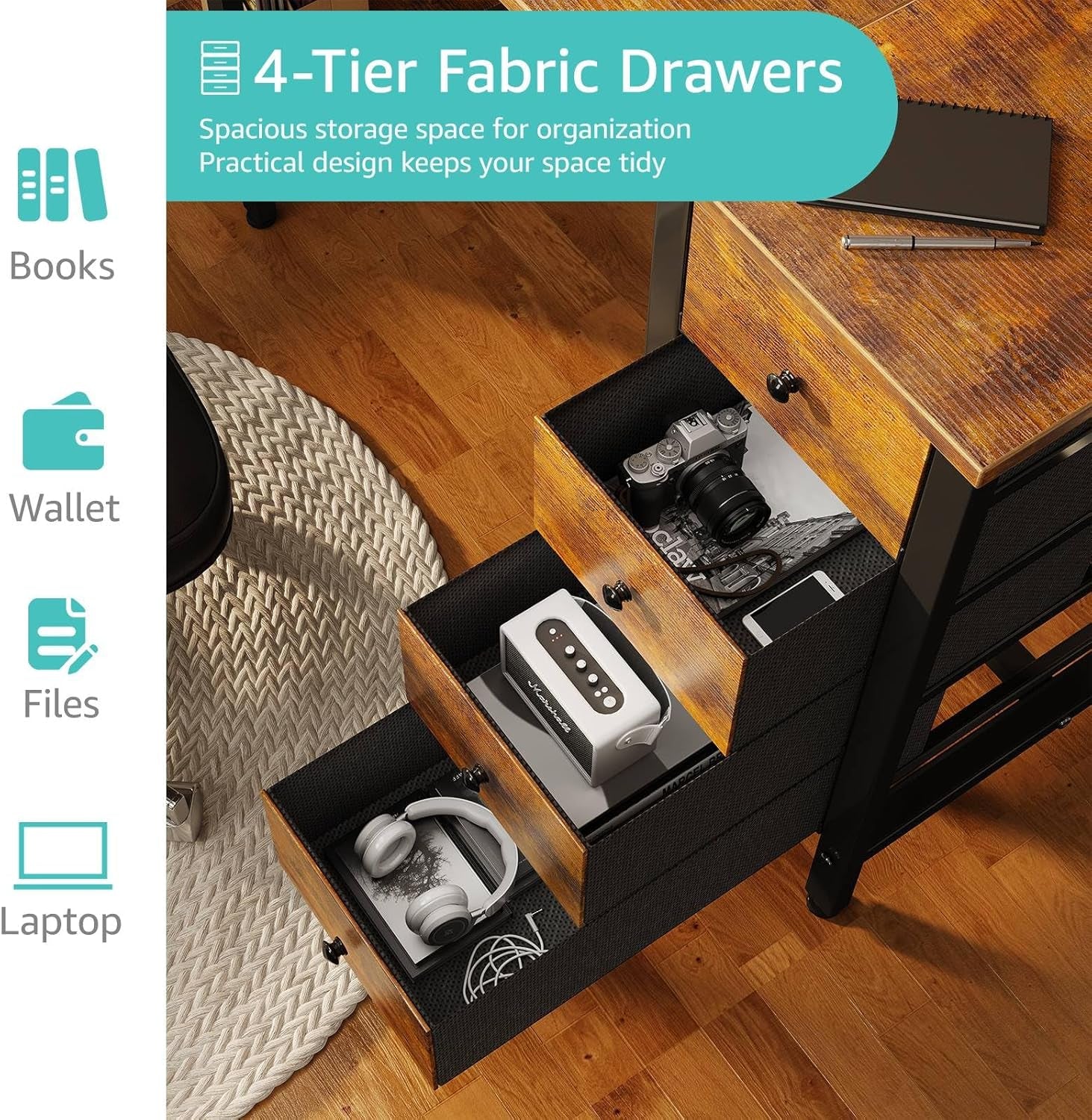 47 Inch Desk with 4 Drawers & Storage Shelves, Writing Work Study Computer Desk for Home Office Bedroom, Modern Simple Student PC Desks Table, Rustic Brown