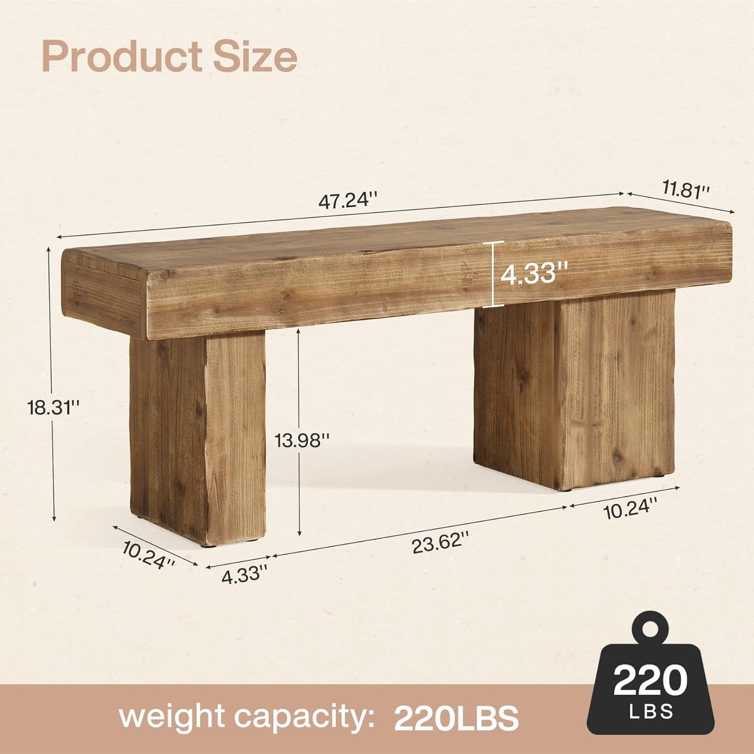 Thickened Solid Wood Bench, 47" Rustic Farmhouse Entryway Bench with Artistic Legs, Heavy Duty Dining Bench for Kitchen, Living Room, Hallway, End of Bed, Natural Wood