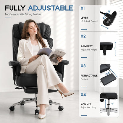 Office Desk Chair, High-Back Big and Tall Leather Chair with Footrest, Ergonomic Reclining Computer Chairs, Comfy Executive Wide Chair with Lumbar Support, Adjustable Padded Armrests, 400LBS (Black)