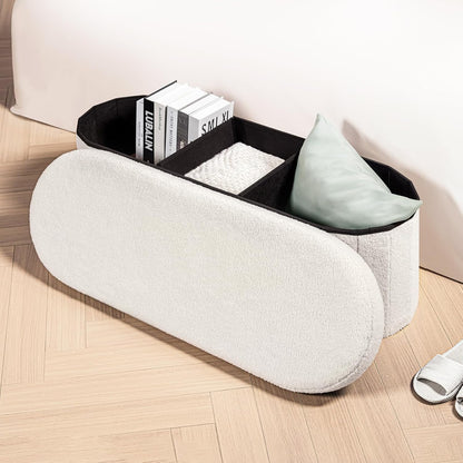Ottoman with Storage for Living Room, Sherpa Folding Storage Ottoman Foot Rest, 43.3 Inches Collapsible Bedroom Bench White