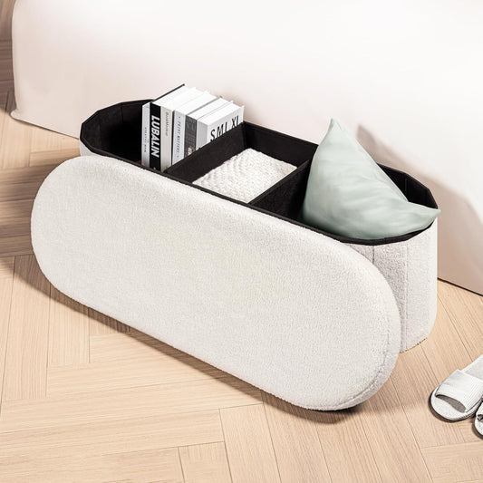 Ottoman with Storage for Living Room, Sherpa Folding Storage Ottoman Foot Rest, 43.3 Inches Collapsible Bedroom Bench White